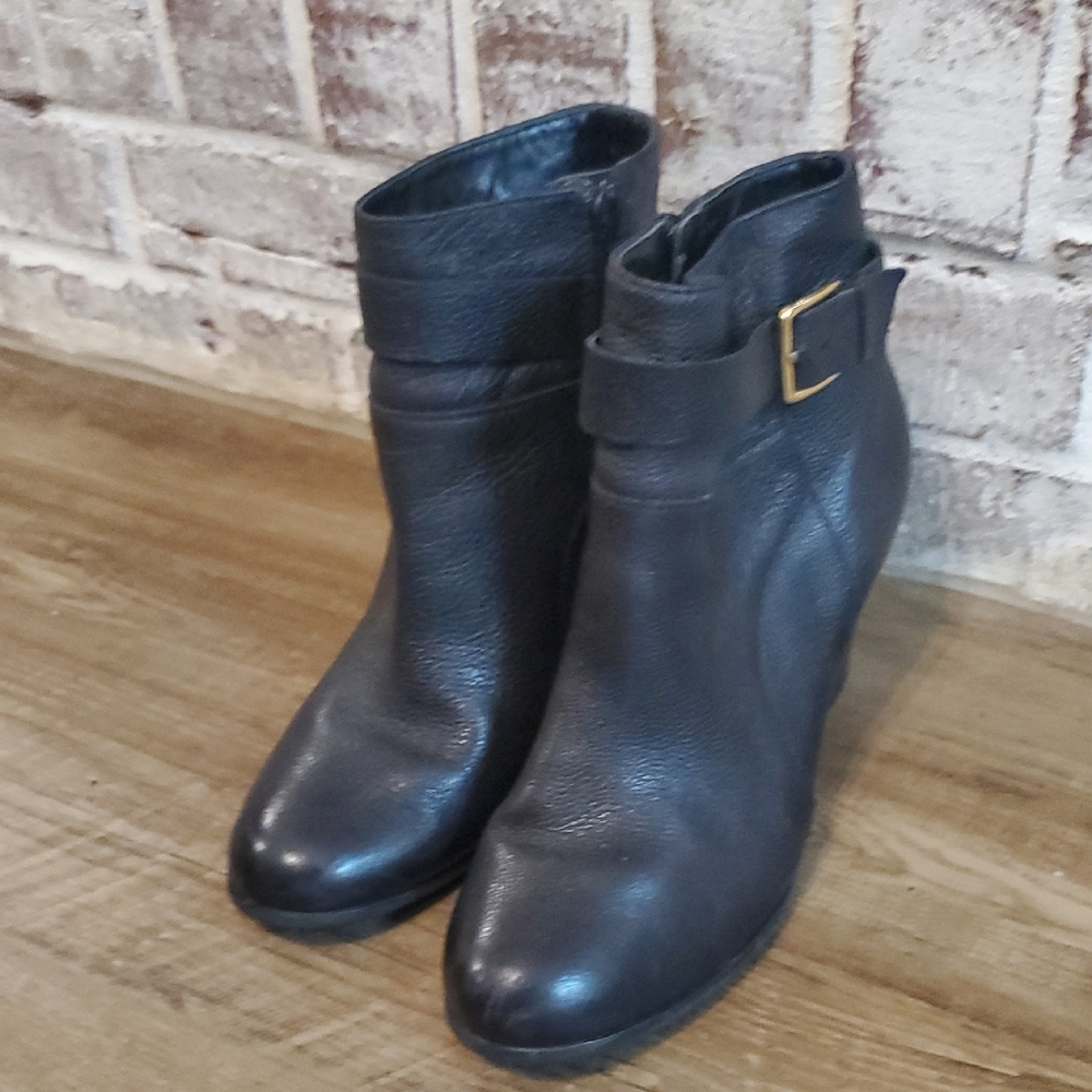 Cole Haan Black Leather Ankle Booties with Gold Buckle